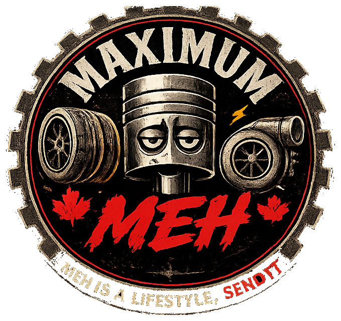 Maximum-Meh circular gear and piston logo
